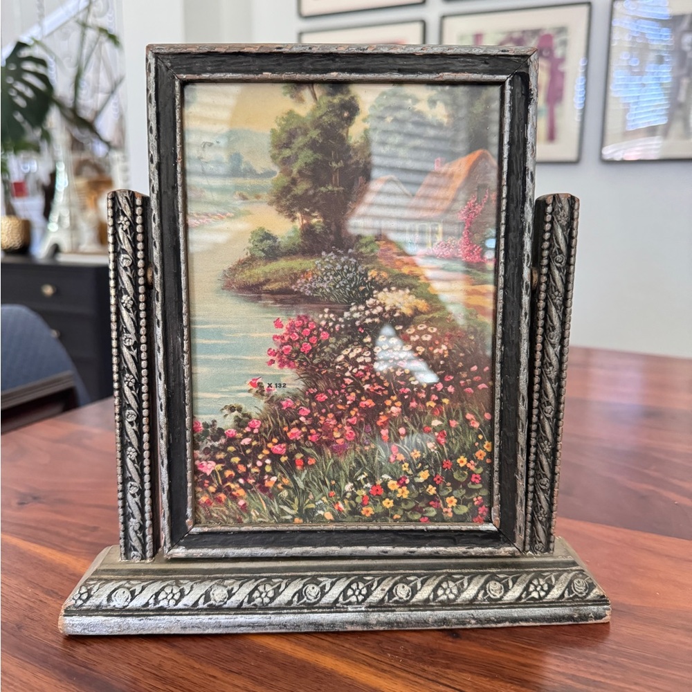 Tilt Swing Picture Frame Antique Art Deco Swinging Tabletop Carved Wood W Photo - Picture 4 of 16